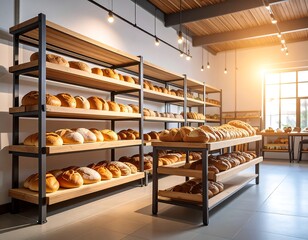 Sunlit bakery interior; shelves laden with various loaves of bread