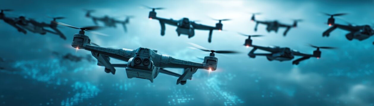 A futuristic navy drone swarm illuminated by AI holograms, showcasing advanced technology and innovation in a visually striking composition, Navy Birthday with AI