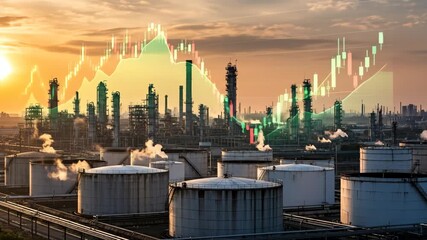Oil Refinery and Stock Market Graph - A large industrial oil refinery facility at sunset, overlaid with a dynamic stock market graph illustrating the correlation between oil production and financial