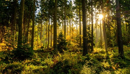 Obraz premium Sunlight streams through autumn forest