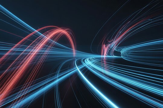 Abstract visualization of digital data streams, with glowing red and blue light trails creating a sense of speed and motion