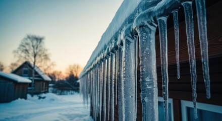 Naklejka premium Rows of sharp icicles hanging from a roof edge, winter landscape scene