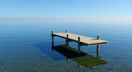 Peaceful Wooden Pier Extending into Calm Blue Lake Water Under a Clear Sky