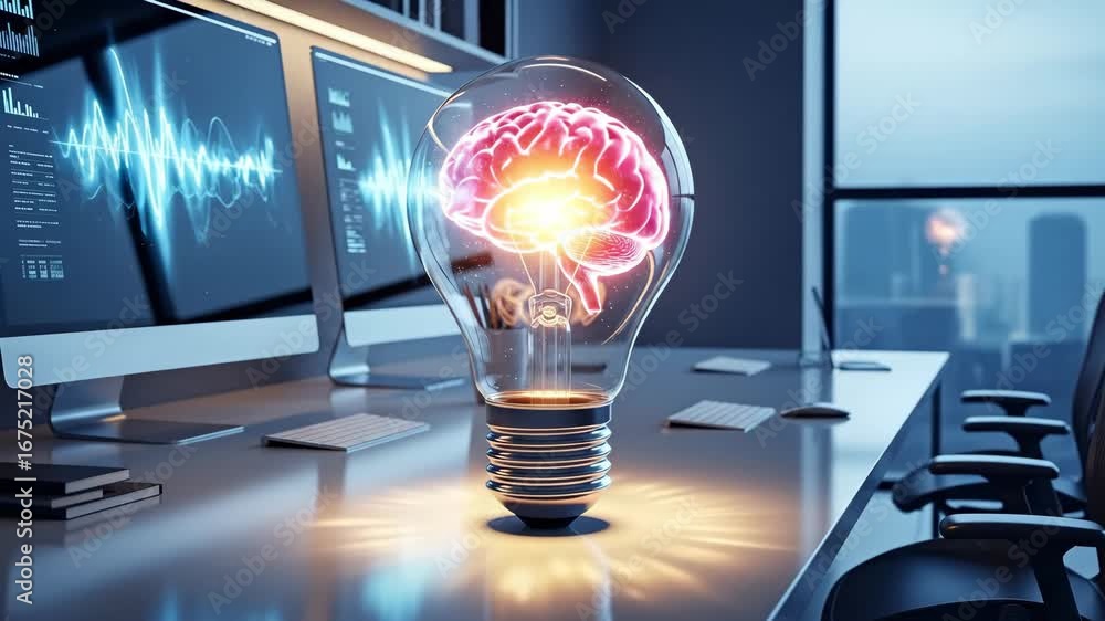Poster glowing brain inside lightbulb on modern desk - a 3d video of a lightbulb with a glowing brain insid