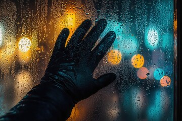 Black leather glove on rain-drenched windowpane