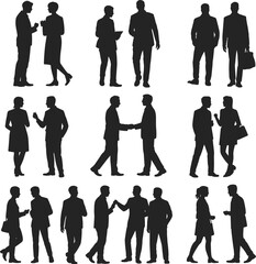Business people silhouettes, team interaction, professional conversation, handshake agreement, group communication, corporate discussion, business meeting vector