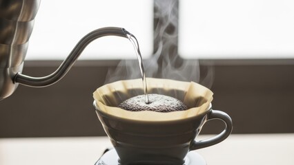 Making pour-over coffee with a gooseneck kettle and ceramic dripper.