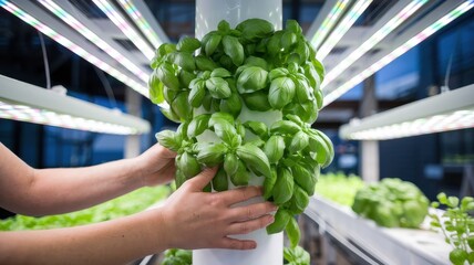 Hands tending fresh basil in a vertical hydroponic farm.