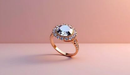 Rose gold ring set with a large oval blue gemstone, surrounded by small diamonds, 4K and HD image