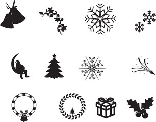 冬のシルエットの大きなセット（黒、アウトライン）。クリスマスツリー、トナカイ、オーナメント、ジンジャーブレッド、白地に雪の結晶