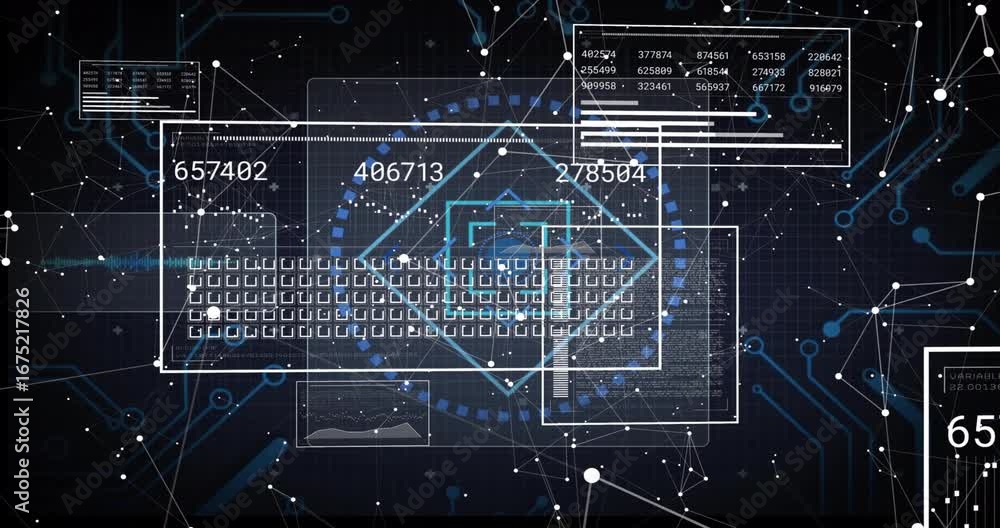 Poster blue network backdrop fading in, wireframe panels converging on grid, readouts cycling to show data