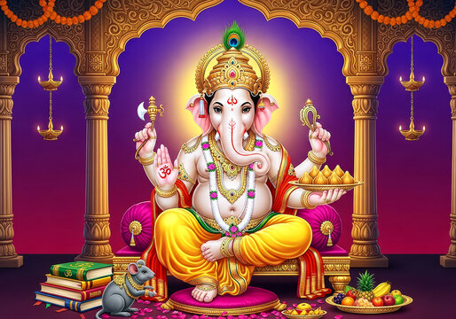 Divine Ganesha blesses devotees with wisdom and prosperity, seated majestically with sacred offerings and symbols of power and knowledge.