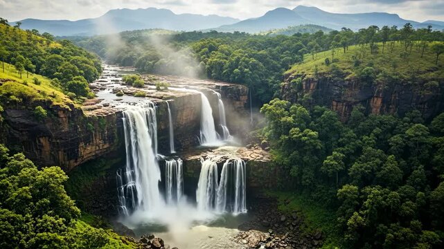 Majestic Kote Abbey Falls Aerial View, Coorg, India - An aerial view showcases the breathtaking Kote Abbey Falls in Coorg, India.