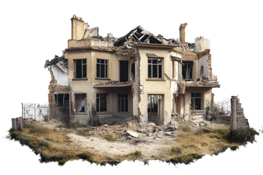 Demolished buildings reveal remnants of residential houses in dilapidated state, showcasing urban decay and abandonment