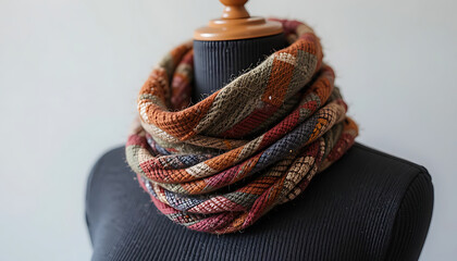 Warm-toned striped scarf wrapped in layers around a black sweater, 4K and HD image