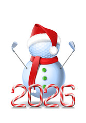 Snowman golfer with irons in red Santa hat on golf ball. Vector isolated illustration on white background