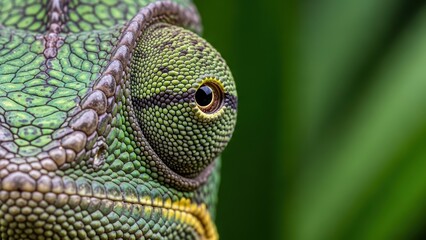 Fototapeta premium Extreme macro close-up of a green chameleon's eye and textured skin.
