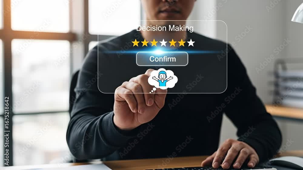 Poster man confirms decision with five-star rating on transparent screen - a close-up shot shows a man in a