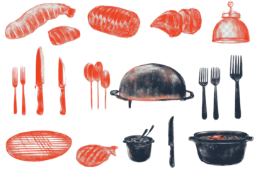 Grunge abstract halftone design featuring summer barbeque elements like food, utensils, and grilling accessories creating a vibrant outdoor atmosphere