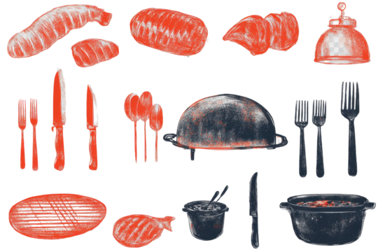 Grunge abstract halftone design featuring summer barbeque elements like food, utensils, and grilling accessories creating a vibrant outdoor atmosphere