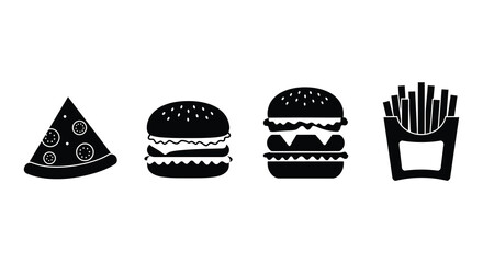Black and white icons of pizza burger and french fries food