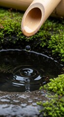 Bamboo Fountain with Dripping Water and MossCovered Stone Basin.