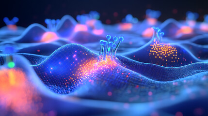 Naklejka premium Compact high-speed nanobot moving between synapses in a simulation grid 