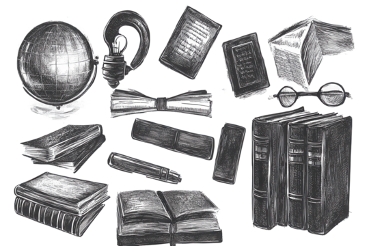 Educational materials and tools illustrated in a grunge halftone style showcasing books, globe, and accessories commonly used in schools