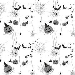 Seamless Halloween pattern featuring jack-o'-lanterns, ghosts, bats, and spider webs—monochrome design on white background, perfect for seasonal decor and festive materials.