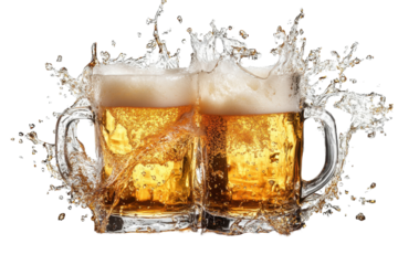 Beer mugs clinking together and splashing in celebration during a lively gathering