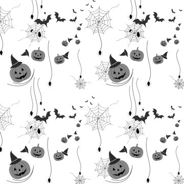 Seamless Halloween pattern featuring jack-o'-lanterns, ghosts, bats, and spider webs&mdash;monochrome design on white background, perfect for seasonal decor and festive materials.