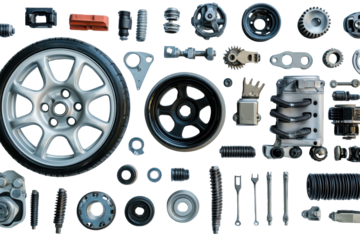 Collection of various car parts arranged in a detailed panorama showcasing automotive components for enthusiasts and professionals