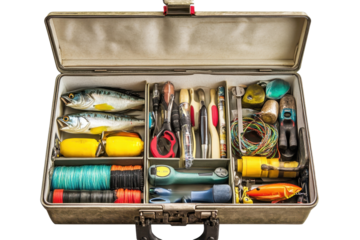 Fishing equipment organized in tackle box showing various tools, lures, and lines for an afternoon fishing trip