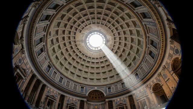 A fisheye view looking up at the Pantheon's dome with a sunbeam through the oculus.