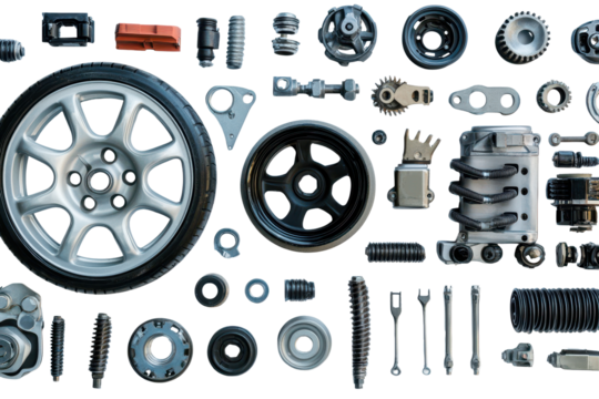Collection of various car parts arranged in a detailed panorama showcasing automotive components for enthusiasts and professionals