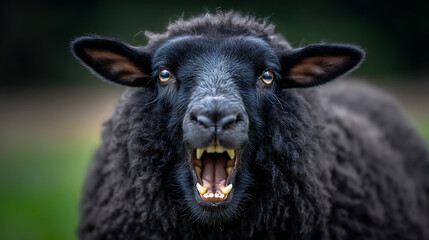 Fototapeta premium Angry black sheep in meadow, concept of outcast and difference
