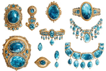 Collection of vivid blue gemstone jewelry elements featuring intricate designs set against a transparent background suitable for digital display and design projects