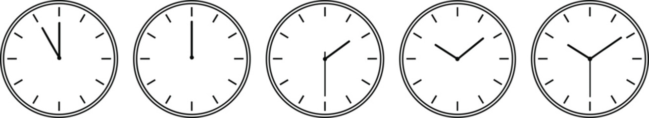 Analog clock sequence set, black and white vector icons showing hourly time progression from 11:00 to 3:00, time education illustration