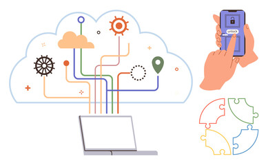 Cloud with data lines linked to a laptop, gears, and mobile unlock action by touching screen. Ideal for cloud computing, data sharing, online security, teamwork, innovation, connectivity and digital