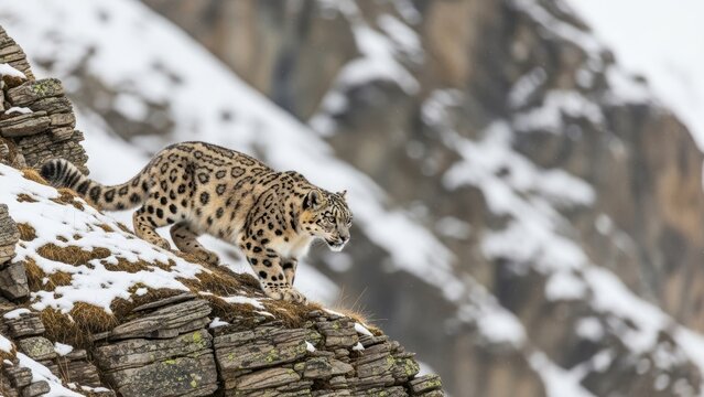 A snow leopard walking on a rocky, snow-dusted cliff.
