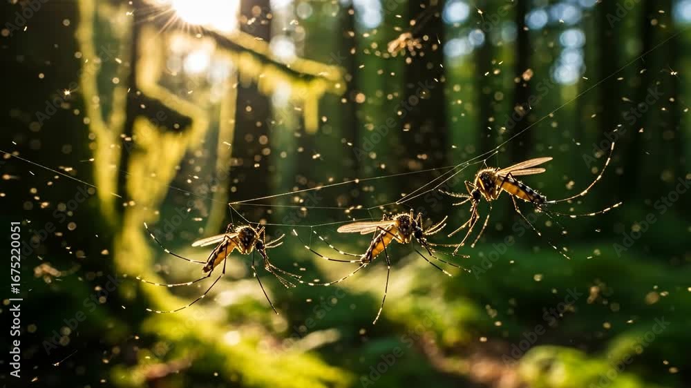 Poster mosquitoes trapped in spiderweb at sunset - three mosquitoes are caught in a spiderweb in a forest s