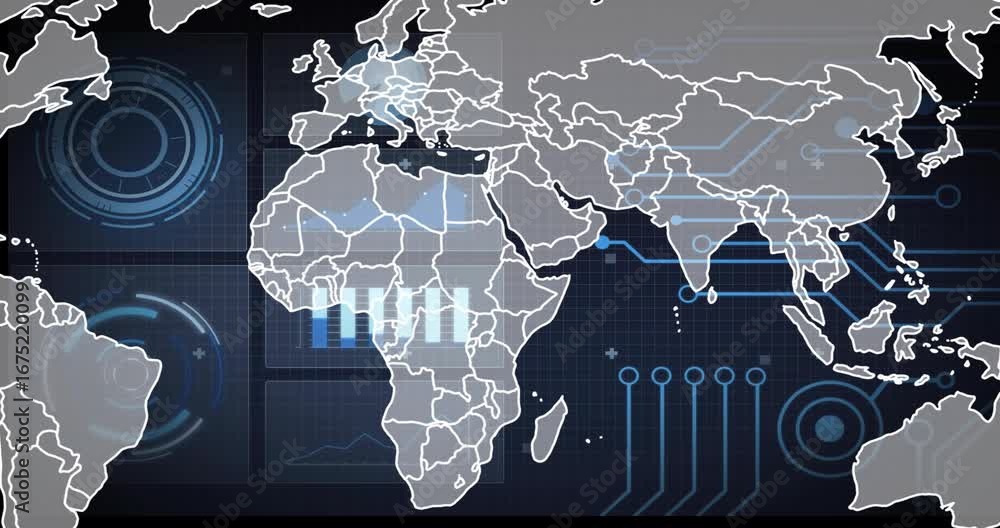Aufkleber upon grid appearing, world map flat design emerging, tracing continents and visualizing global data
