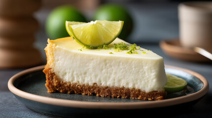 Cheesecake lime slice on plate, concept of dessert
