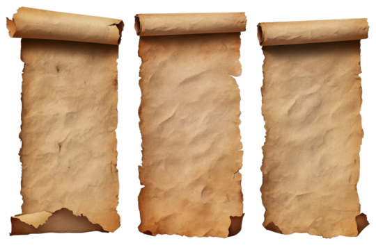 Rolled recycled crumpled old paper and parchment displayed together showing texture variations and earthy tones