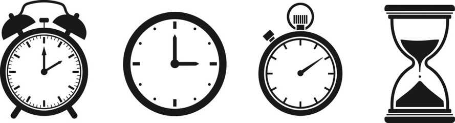 Timekeeping devices set with alarm clock, wall clock, stopwatch, hourglass, black and white vector for scheduling, productivity illustration