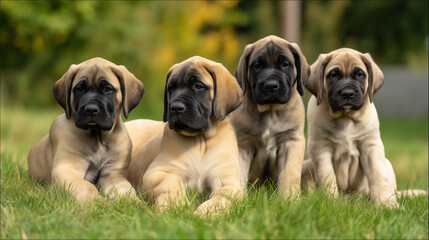 English Mastiff puppies sitting on grass, concept of cute pets
