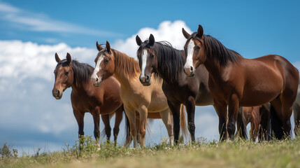 Obraz premium Equine turnout in green pasture, concept of horse care 
