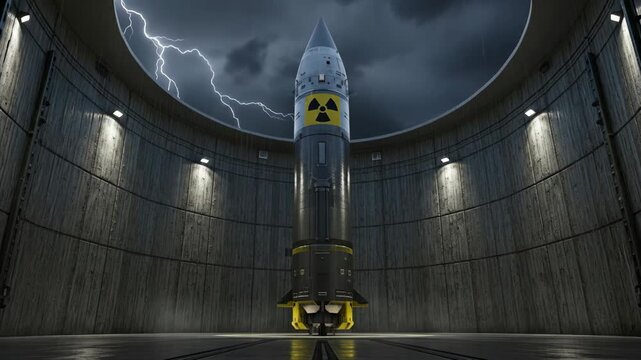 Nuclear Missile Silo Storm - A massive intercontinental ballistic missile stands within a dark, circular silo during a stormy night.