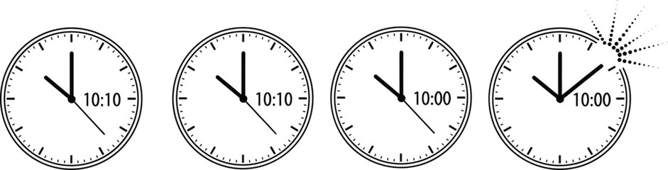 Analog clock sequence with 10:10 and 10:00 times, black and white vector showing impact, time shift, symbolic illustration design