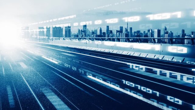 Digital data flow on road in concept of cyber global communication and coding with graphic creating vision of fast speed transfer to show agile digital transformation , disruptive innovation .